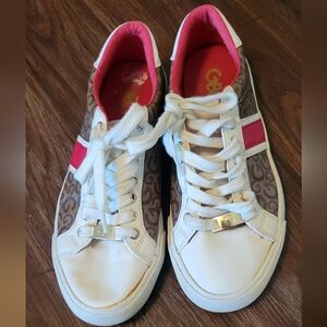 GBG Los Angeles White and Brown Sneakers with Red Accents